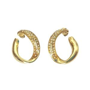 Vintage Avon Paved Crystals C Hoops Earrings Yellow Gold Plated Hoop